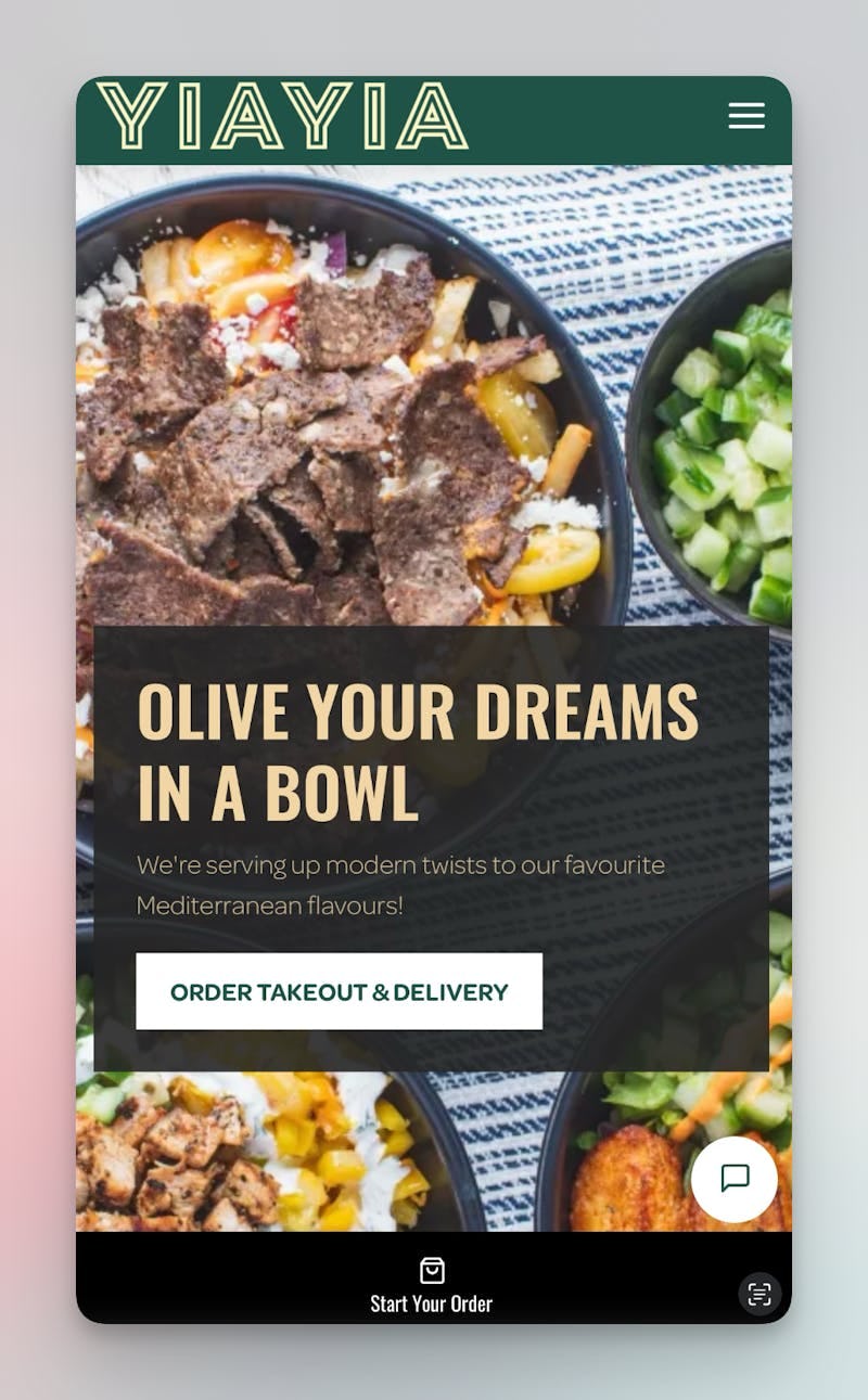 Mobile view of YIAYIA's website with Order Takeout and Delivery Call To Action